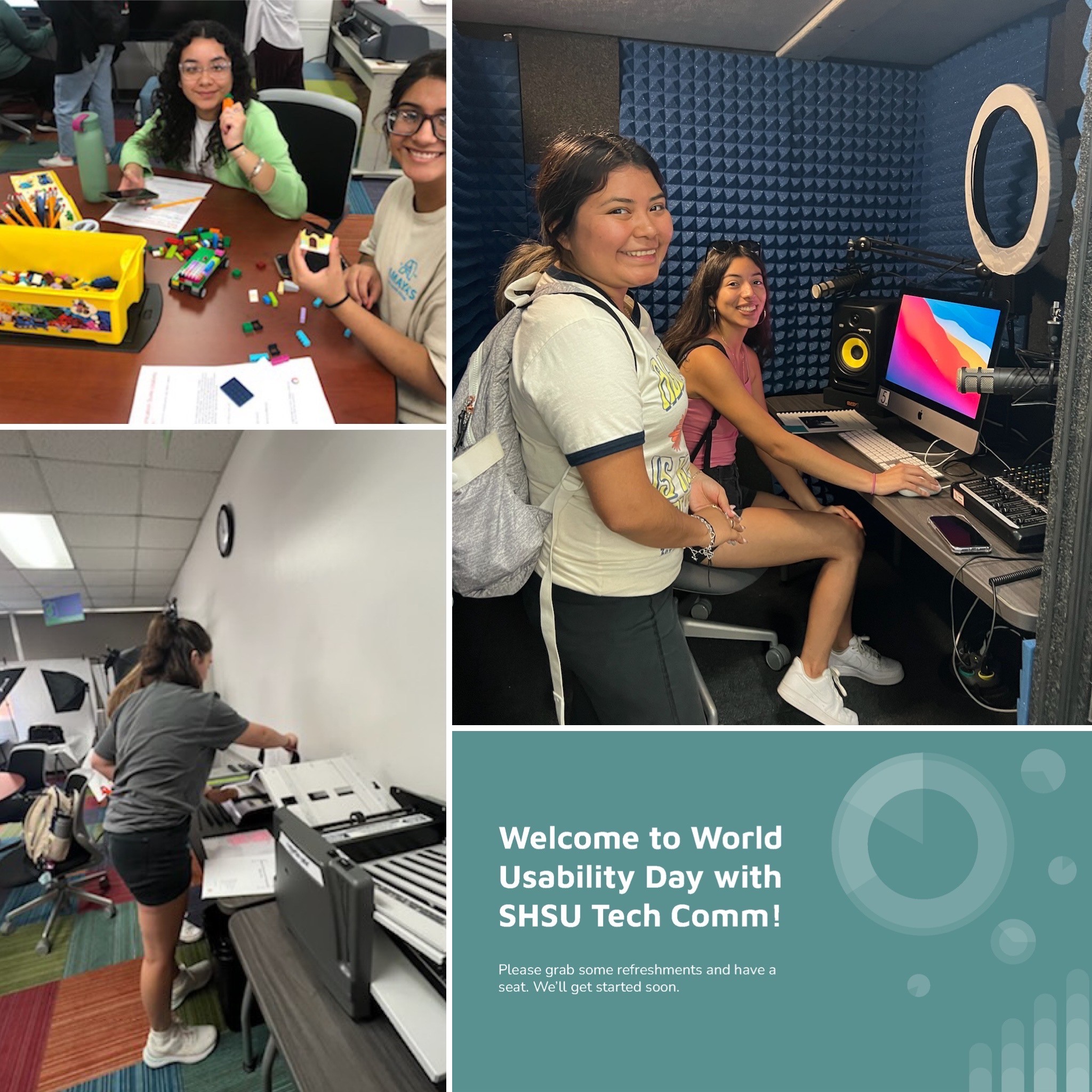 Two students smiling and tinkering with legos; Two students smiling and using IRIS computer lab; Student in IRIS lab working with printer; Welcome to World Usability Day with SHSU Tech Comm poster